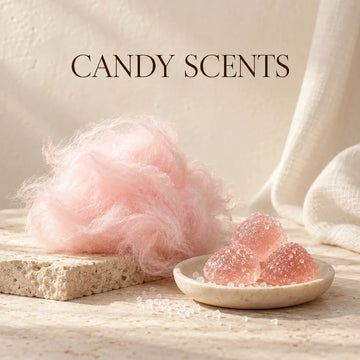 Candy Scents collection with an evocative scent still life on warm ivory stone.