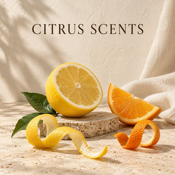 Citrus Scents collection with an evocative scent still life on warm ivory stone.