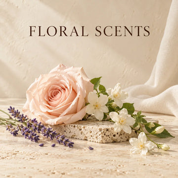 Floral Scents collection with an evocative scent still life on warm ivory stone.