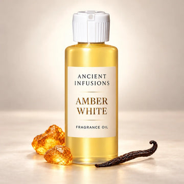 Ancient Infusions Amber White fragrance oil bottle with amber-colored accents and a vanilla pod on a soft neutral background.