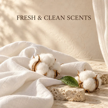 Fresh & Clean Scents collection with an evocative scent still life on warm ivory stone.