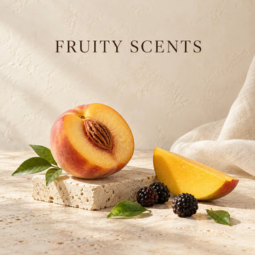 Fruity Scents collection with an evocative scent still life on warm ivory stone.