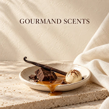 Gourmand Scents collection with an evocative scent still life on warm ivory stone.