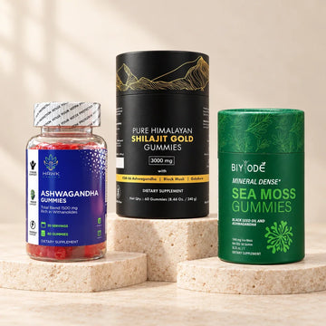 Ashwagandha, Himalayan Shilajit Gold, and Sea Moss gummies on ivory stone