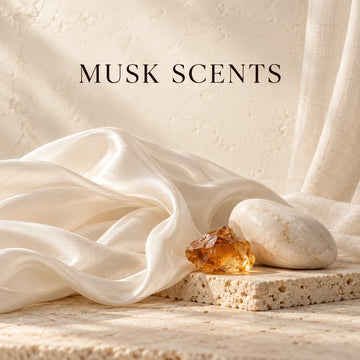 Musk Scents collection with an evocative scent still life on warm ivory stone.