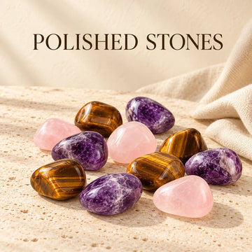 Amethyst, rose quartz and tiger’s eye polished stones on ivory stone.