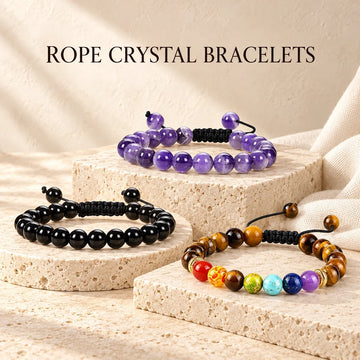Rope Crystal Bracelets displayed on ivory stone at Ancient Infusions.