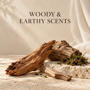 Woody & Earthy Scents collection with an evocative scent still life on warm ivory stone.