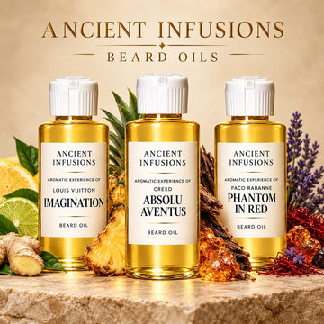 Ancient Infusions Beard Oils collection featuring aromatic experiences of Louis Vuitton Imagination, Creed Absolu Aventus, and Paco Rabanne Phantom In Red