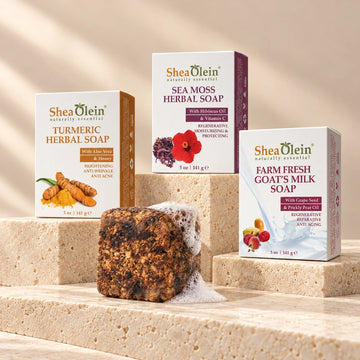 Herbal facial cleansing soaps arranged on ivory stone