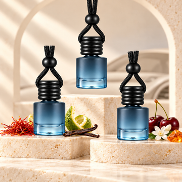 Three blue frosted hanging car diffuser bottles with black wooden caps and cords arranged on ivory stone