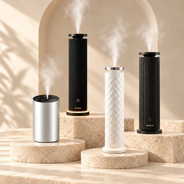 Silver, black, and white waterless diffusers on ivory stone