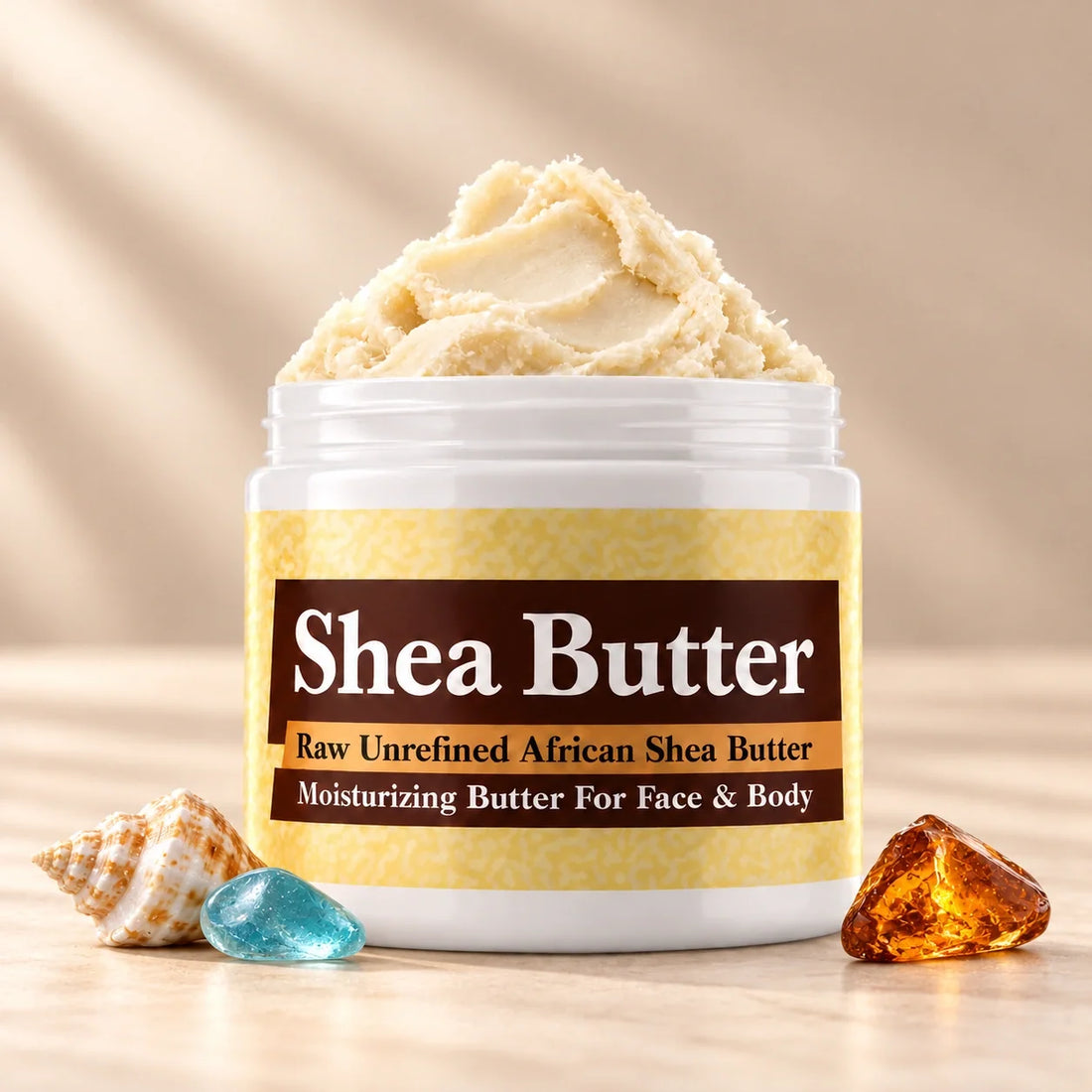 Amber Blue Shea Butter in an open white jar with textured ivory shea butter and subtle scent accents on a soft cream background.