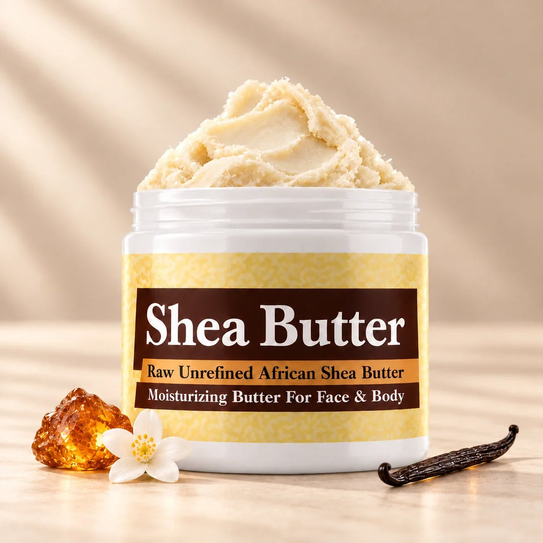 Amber Rain Shea Butter in an open white jar with textured ivory shea butter and simple scent accents on a soft cream background.