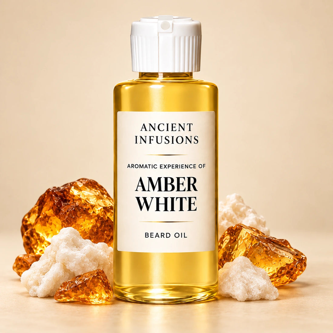 Ancient Infusions Amber White aromatic experience beard oil bottle with a white cap and cream label