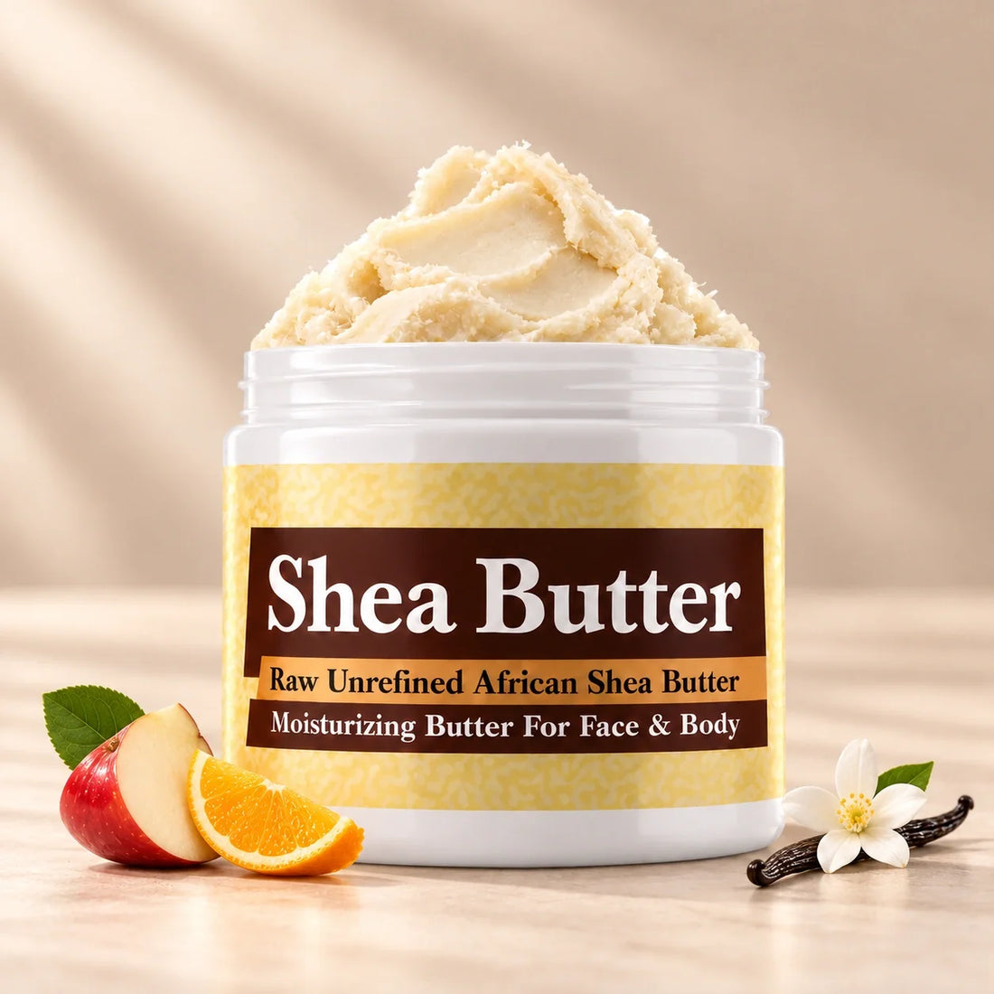 Apple Fantasy Shea Butter in an open white jar with textured ivory shea butter and subtle scent accents on a soft cream background.