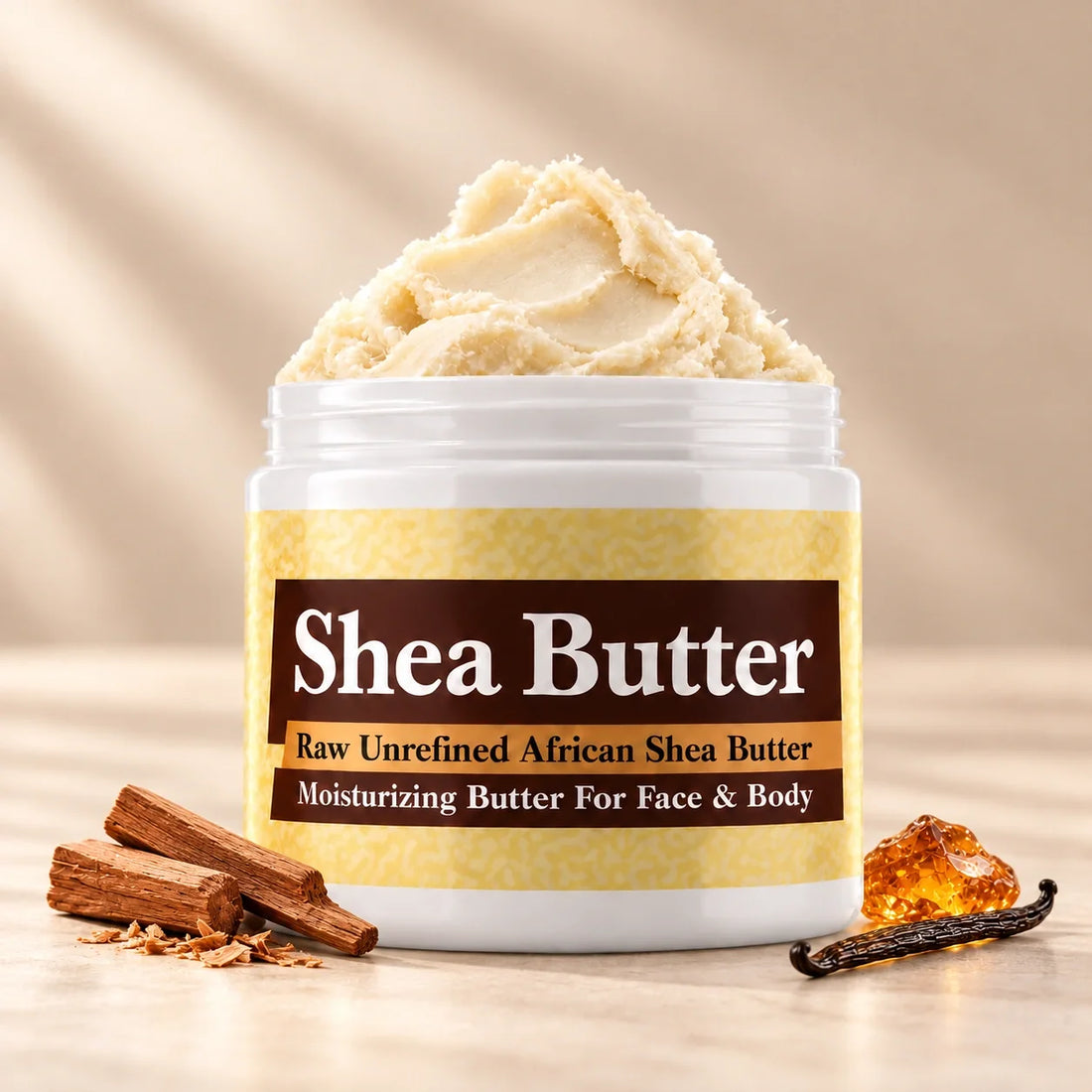 Arabian Sandalwood Shea Butter in an open white jar with textured ivory shea butter and simple scent accents on a soft cream background.