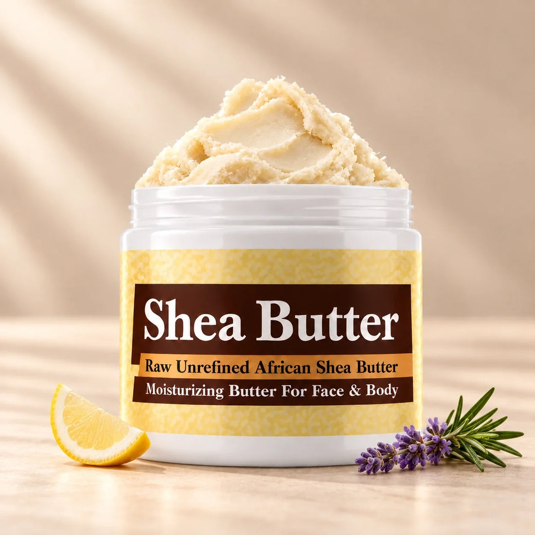 Azzaro Chrome Shea Butter in an open white jar with textured ivory shea butter and simple scent accents on a soft cream background.