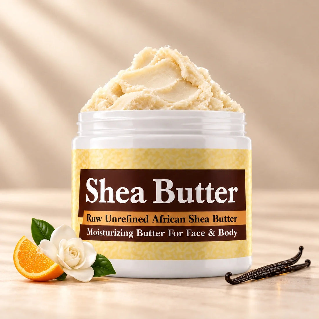 Baby Phatt Goddess Shea Butter in an open white jar with textured ivory shea butter and simple scent accents on a soft cream background.