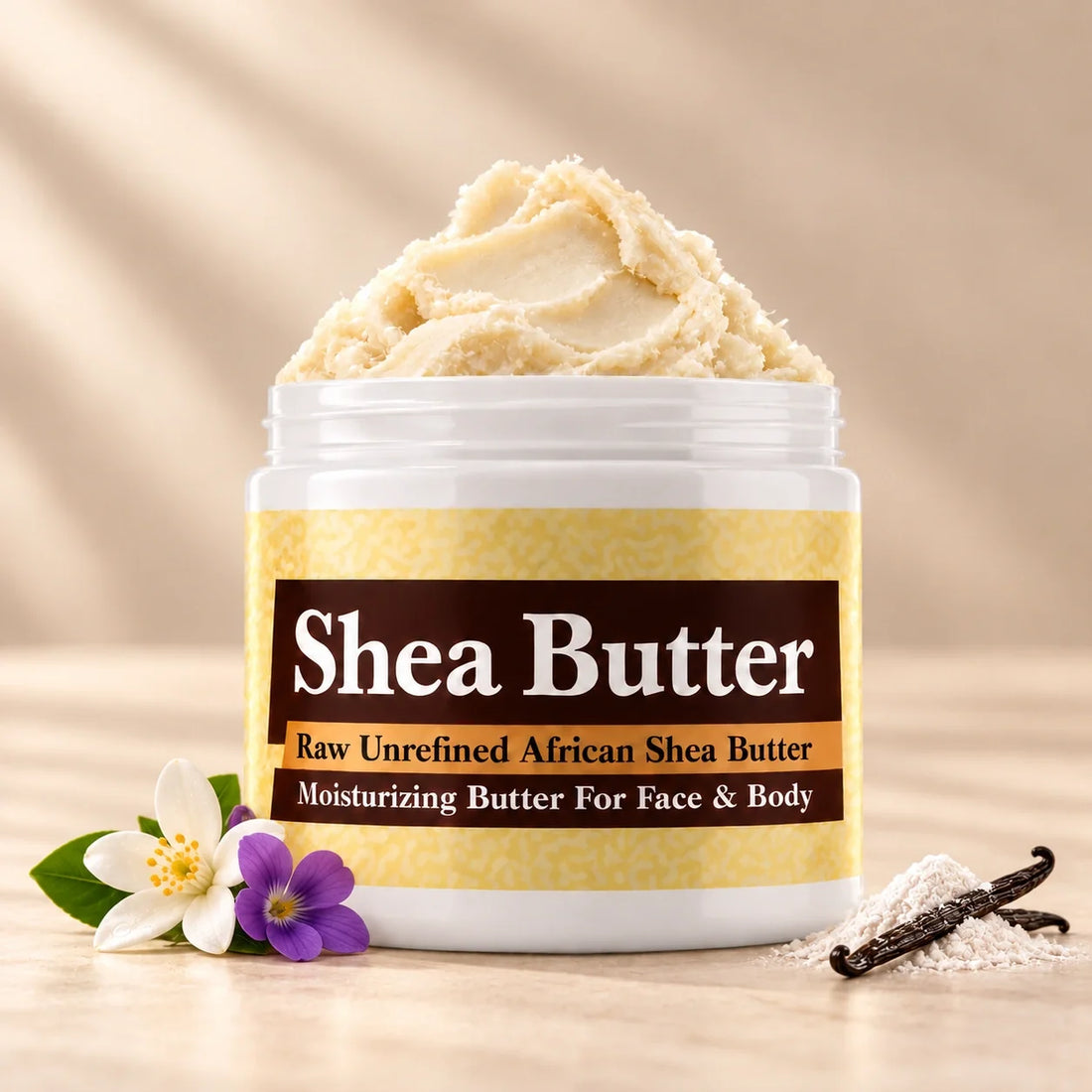 Baby Powder Shea Butter in an open white jar with textured ivory shea butter and subtle scent accents on a soft cream background.