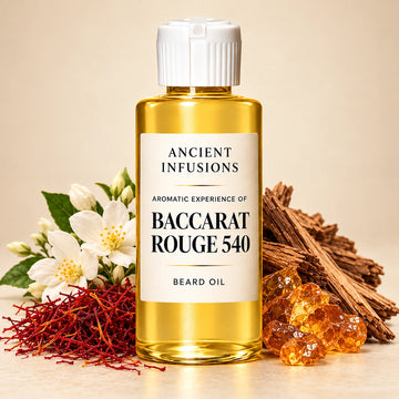 Ancient Infusions Baccarat Rouge 540 aromatic experience beard oil bottle with a white cap and cream label