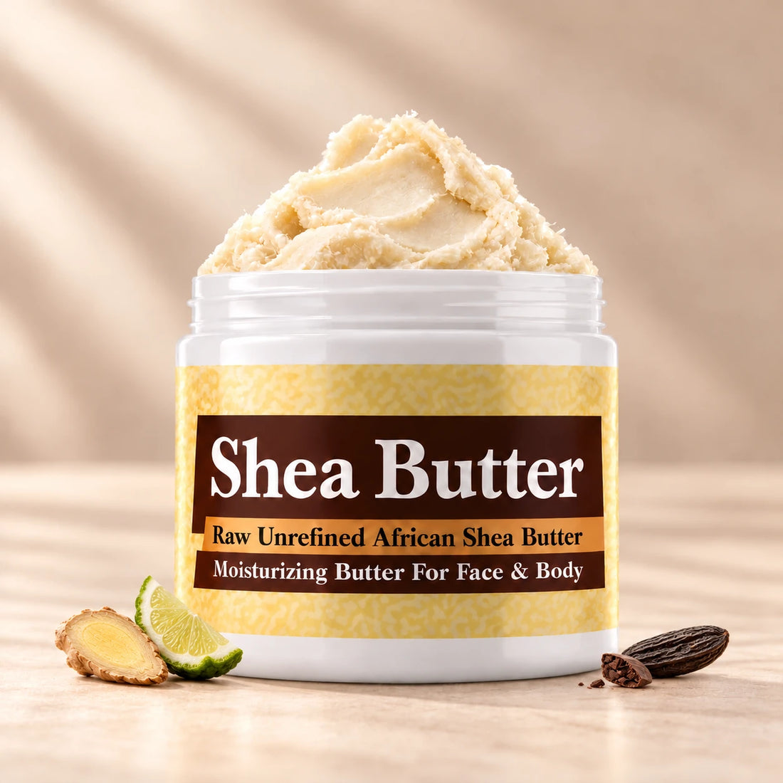 Carolina Herrera Bad Boy Extreme Shea Butter in an open white jar with textured ivory shea butter and subtle scent accents on a soft cream background.