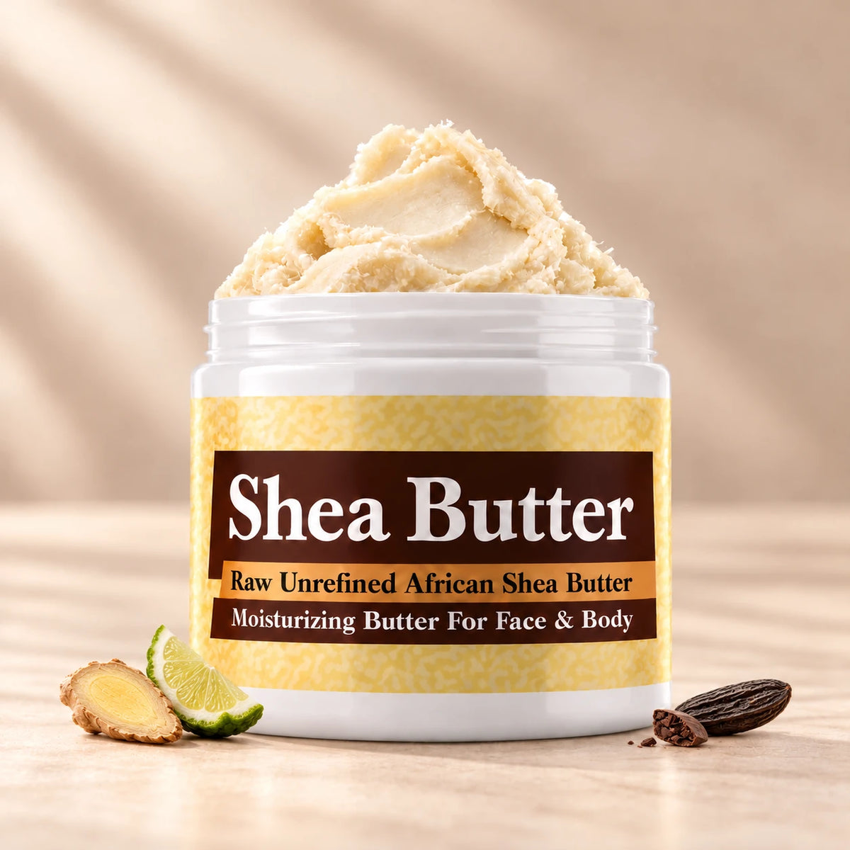 Carolina Herrera Bad Boy Extreme Shea Butter in an open white jar with textured ivory shea butter and subtle scent accents on a soft cream background.