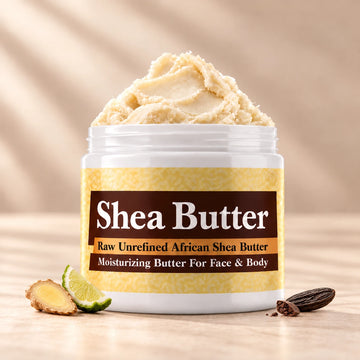 Carolina Herrera Bad Boy Extreme Shea Butter in an open white jar with textured ivory shea butter and subtle scent accents on a soft cream background.