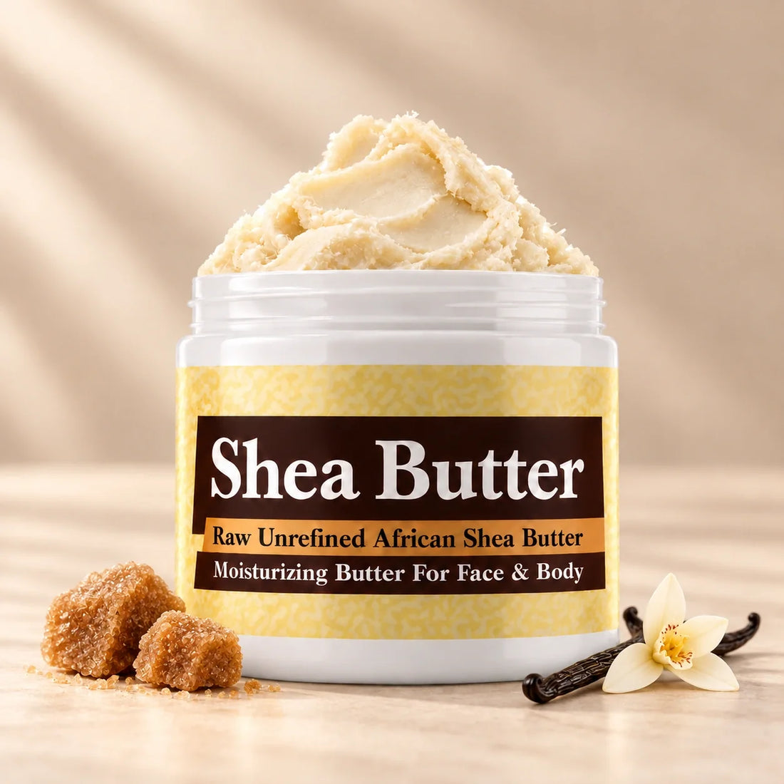 Black Butter Shea Butter in an open white jar with textured ivory shea butter and subtle scent accents on a soft cream background.