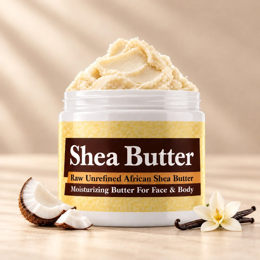 Black Coconut Shea Butter in an open white jar with textured ivory shea butter and simple scent accents on a soft cream background.