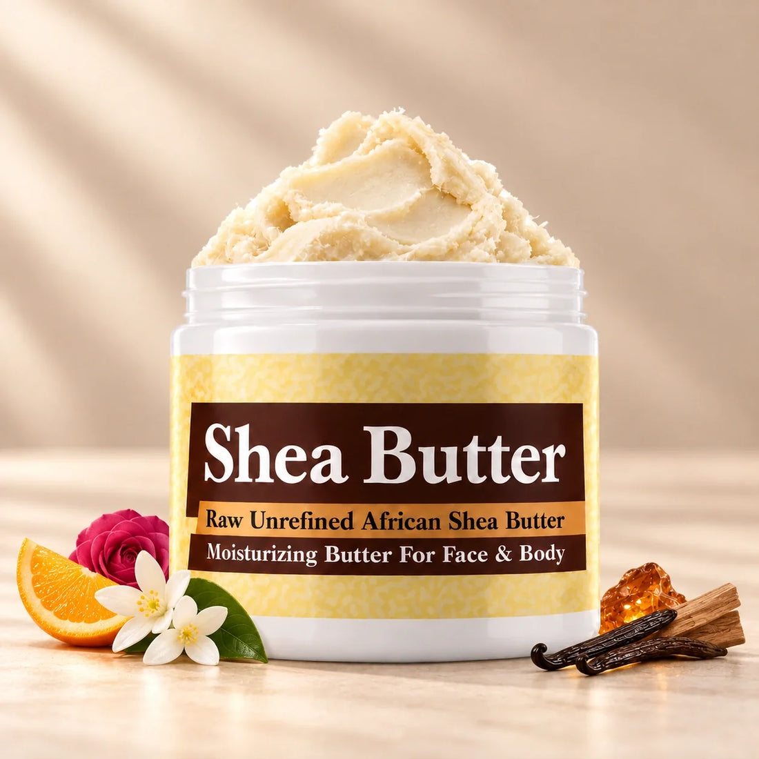 Black Woman Shea Butter in an open white jar with textured ivory shea butter and subtle scent accents on a soft cream background.