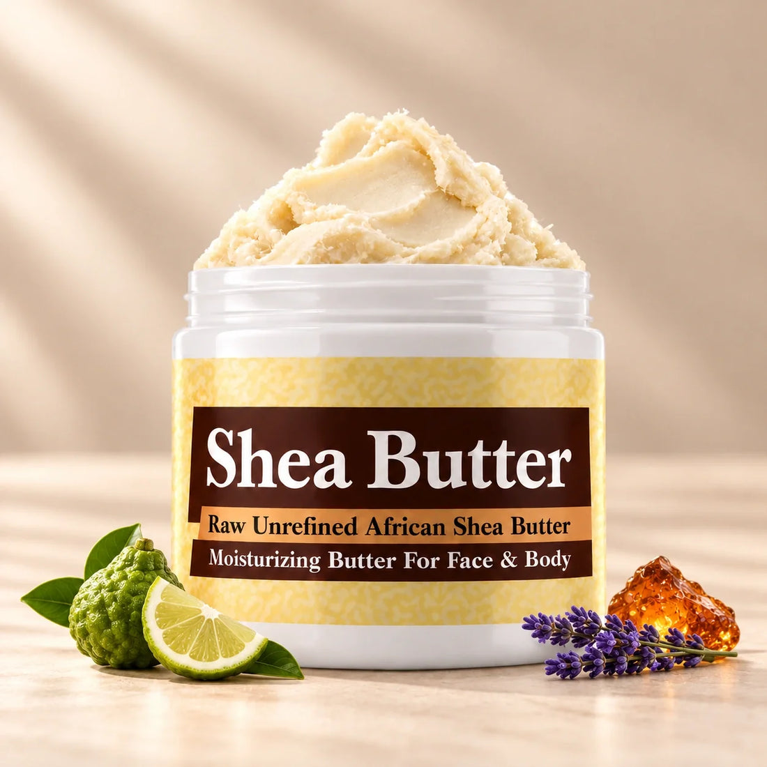 Blue Nile Shea Butter in an open white jar with textured ivory shea butter and simple scent accents on a soft cream background.