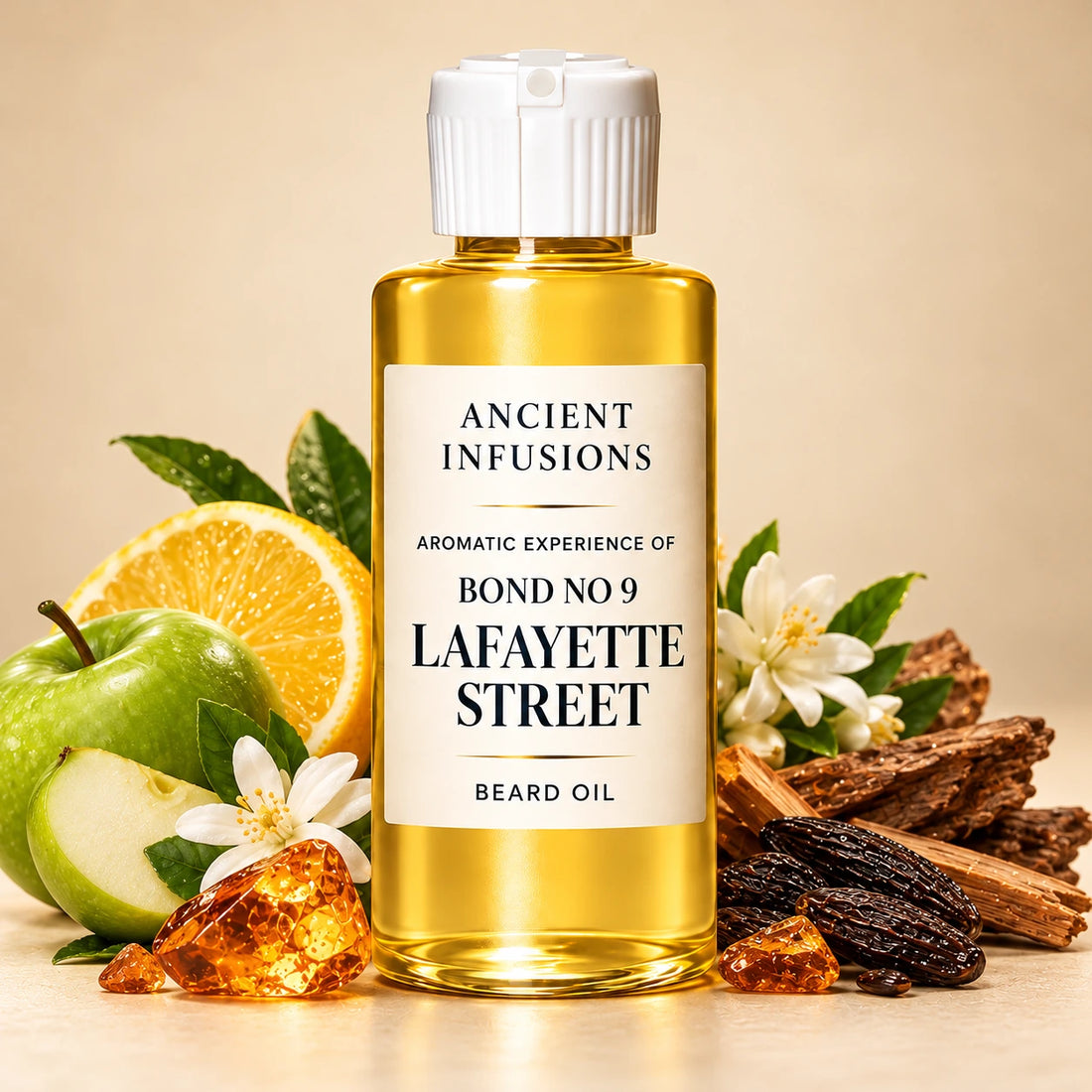 Ancient Infusions Bond No 9 Lafayette Street aromatic experience beard oil bottle with a white cap and cream label