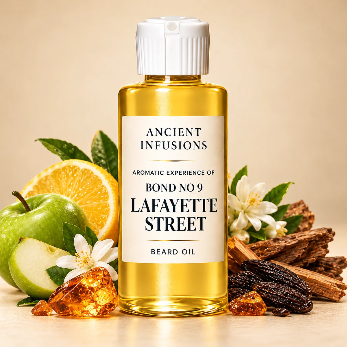 Ancient Infusions Bond No 9 Lafayette Street aromatic experience beard oil bottle with a white cap and cream label
