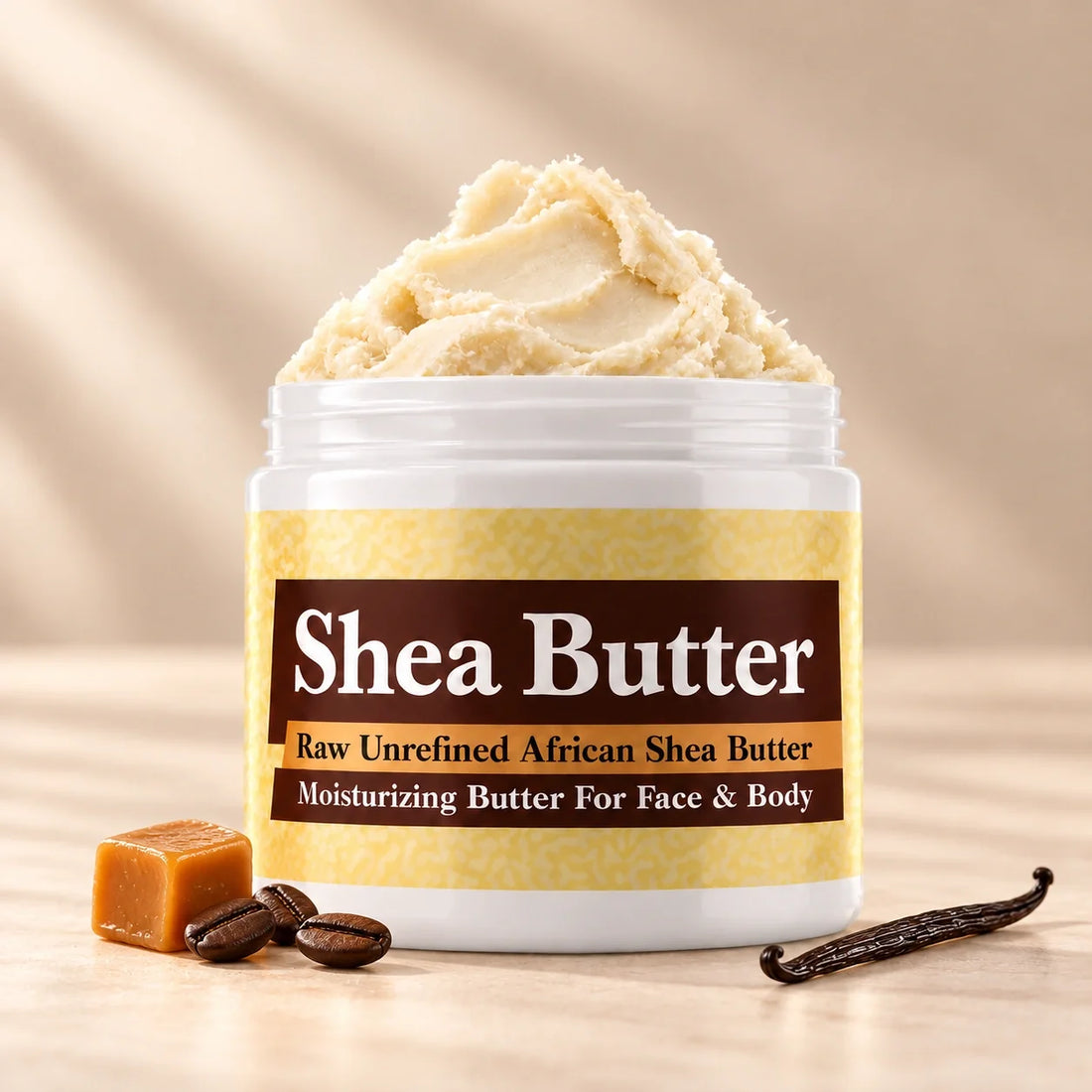 Bond No 9 New York Nights Shea Butter in an open white jar with textured ivory shea butter and simple scent accents on a soft cream background.