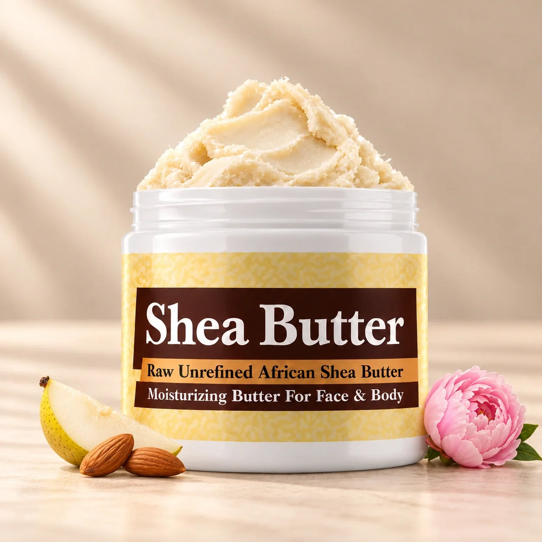 Burberry Brit Shea Butter in an open white jar with textured ivory shea butter and simple scent accents on a soft cream background.