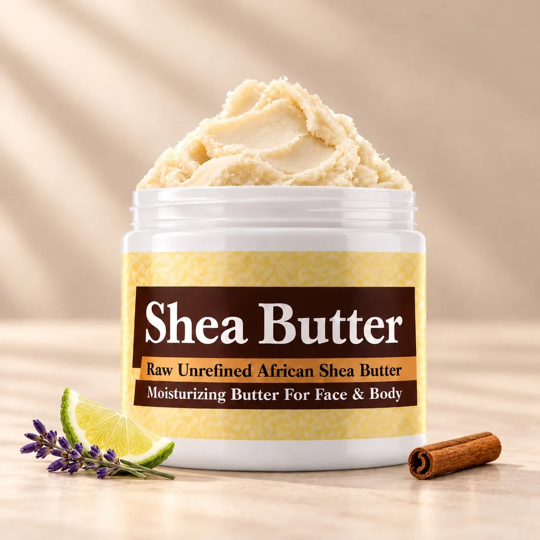 Burberry London Shea Butter in an open white jar with textured ivory shea butter and simple scent accents on a soft cream background.