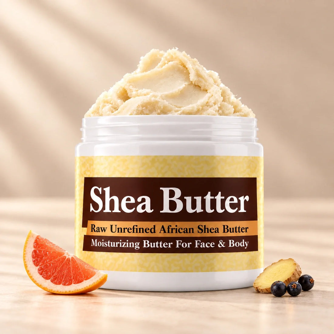 Burberry Sport Shea butter in an open white jar with textured ivory shea butter and simple scent accents on a soft cream background.