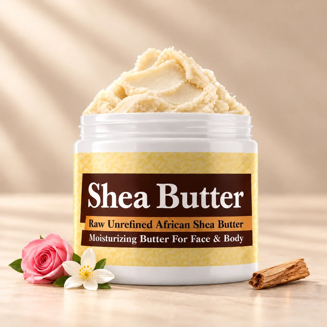 China Musk Shea Butter in an open white jar with textured ivory shea butter and simple scent accents on a soft cream background.