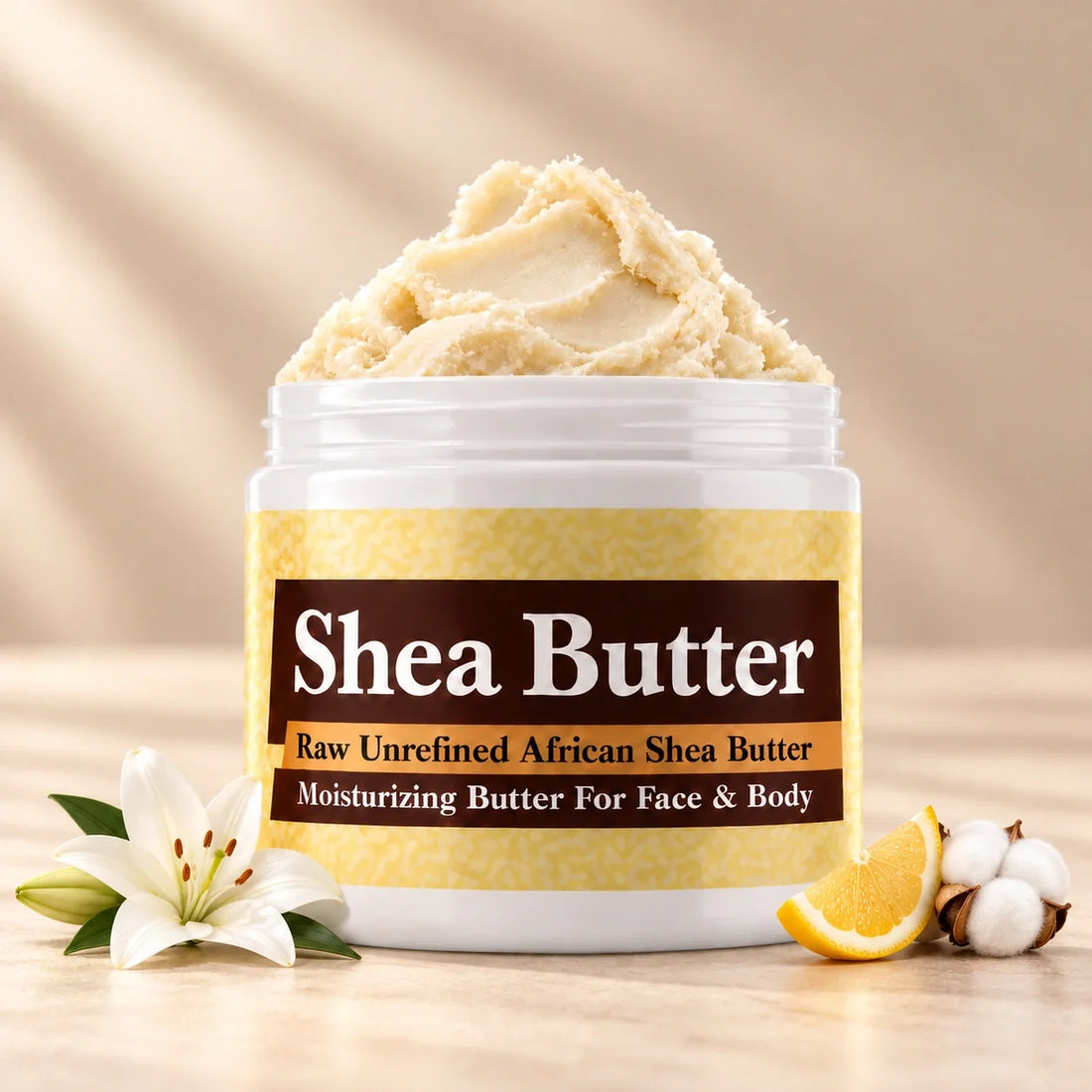 Clean Cotton Shea Butter in an open white jar with textured ivory shea butter and subtle scent accents on a soft cream background.