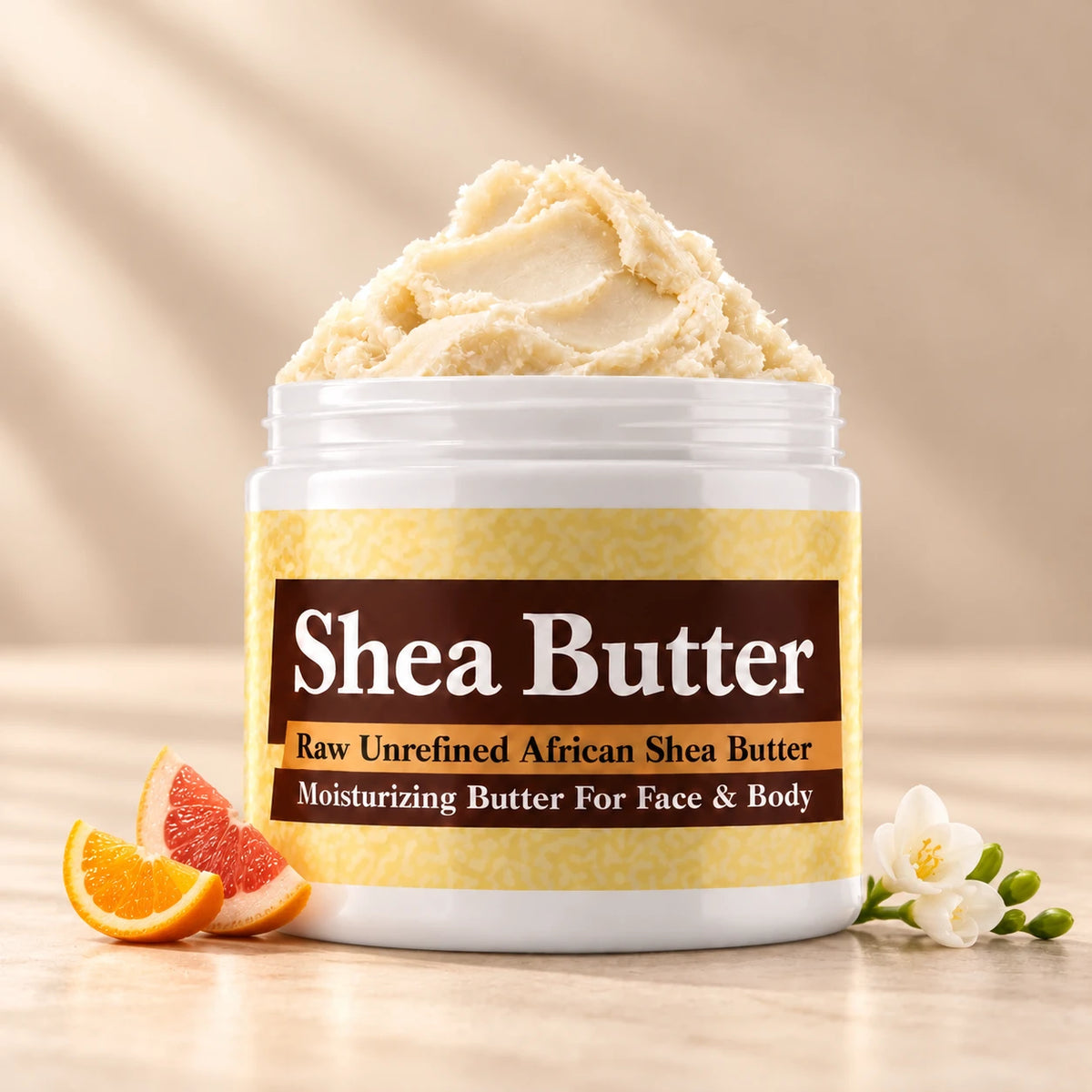 Clinique Happy Shea Butter in an open white jar with textured ivory shea butter and simple scent accents on a soft cream background.