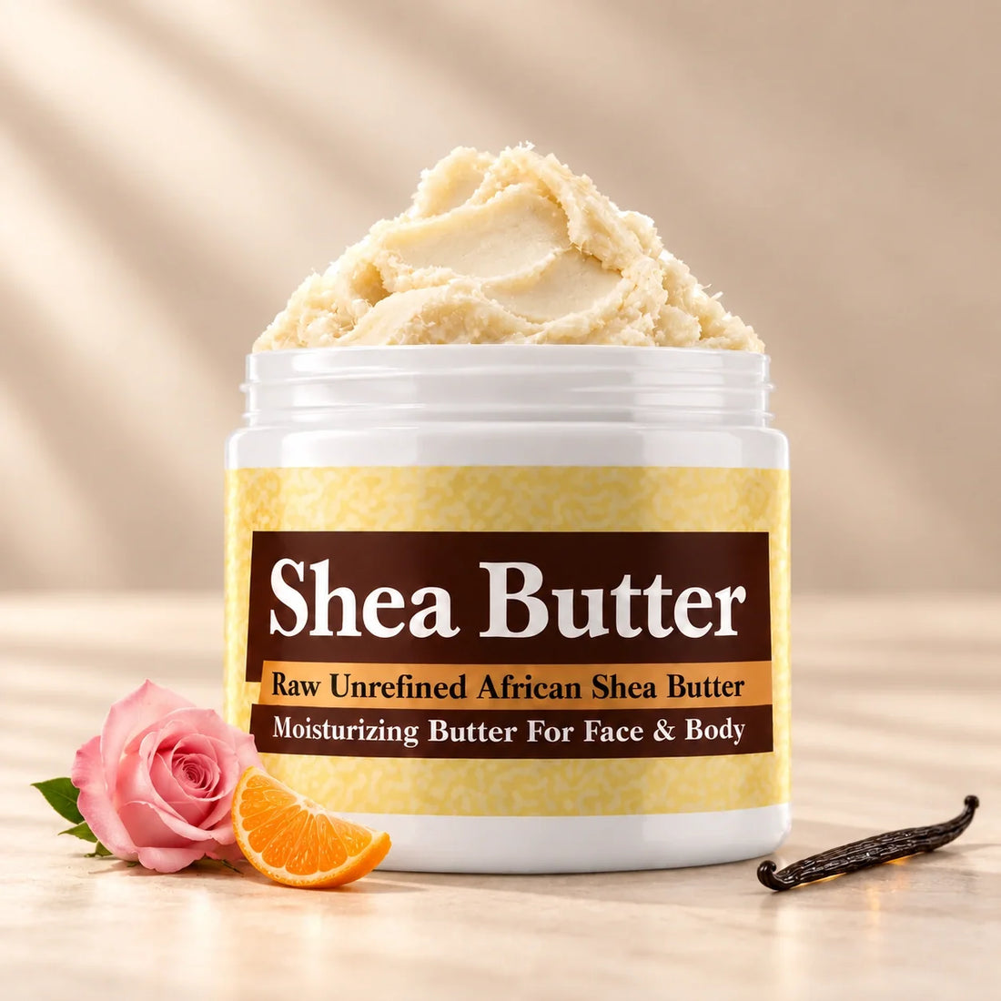 Chanel Coco Chanel Shea Butter in an open white jar with textured ivory shea butter and simple scent accents on a soft cream background.