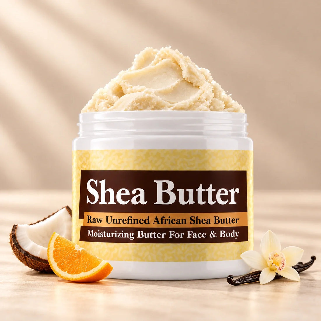 Cocoa Butter Cashmere Shea Butter in an open white jar with textured ivory shea butter and subtle scent accents on a soft cream background.
