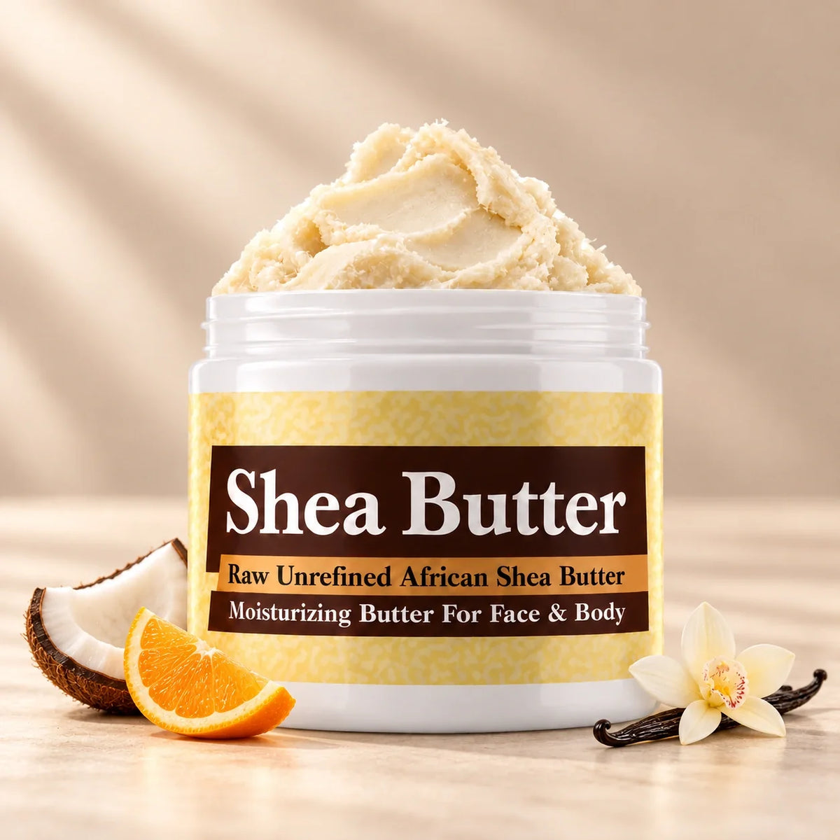 Cocoa Butter Cashmere Shea Butter in an open white jar with textured ivory shea butter and subtle scent accents on a soft cream background.