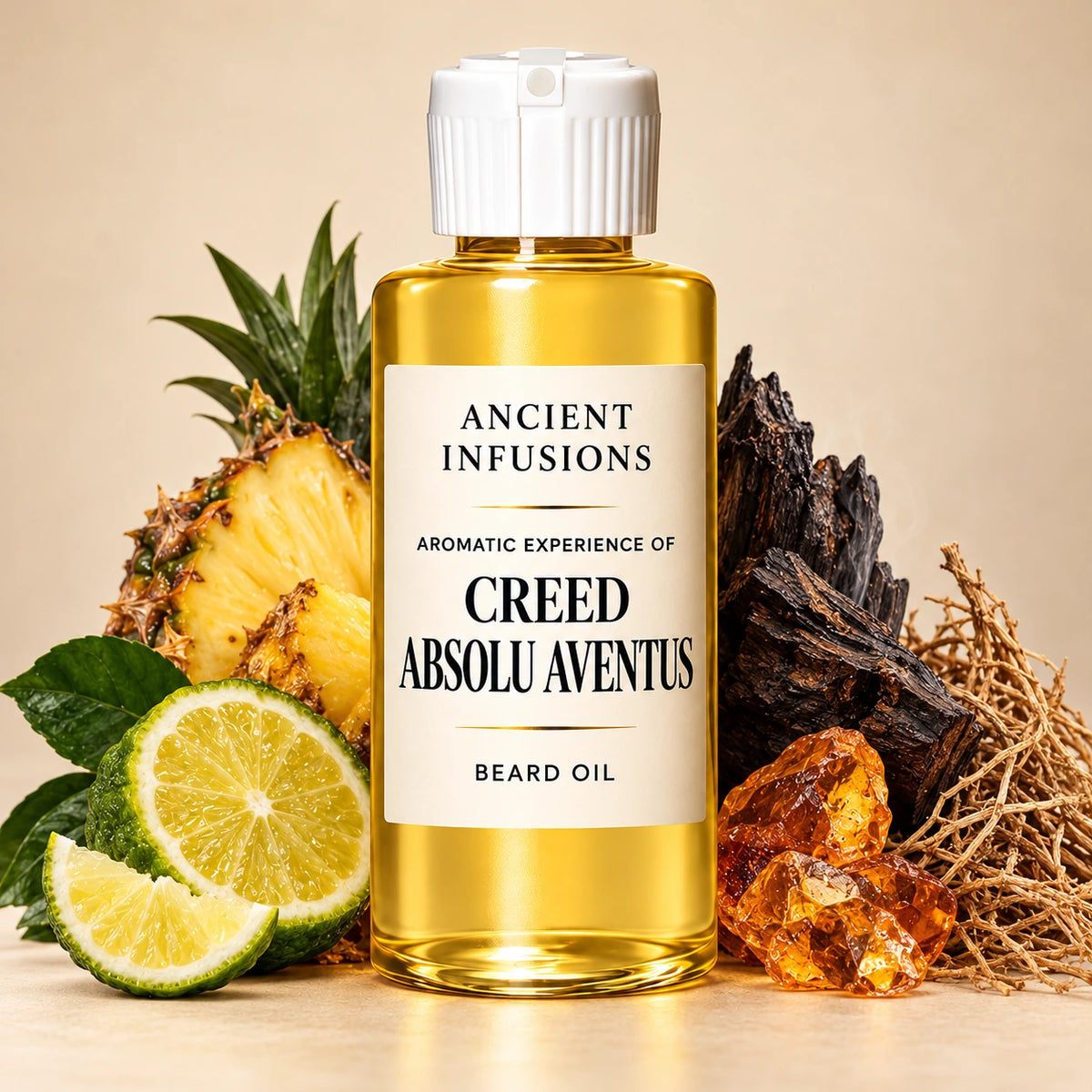 Ancient Infusions Creed Absolu Aventus aromatic experience beard oil bottle with a white cap and cream label