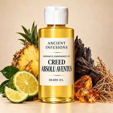 Ancient Infusions Creed Absolu Aventus aromatic experience beard oil bottle with a white cap and cream label