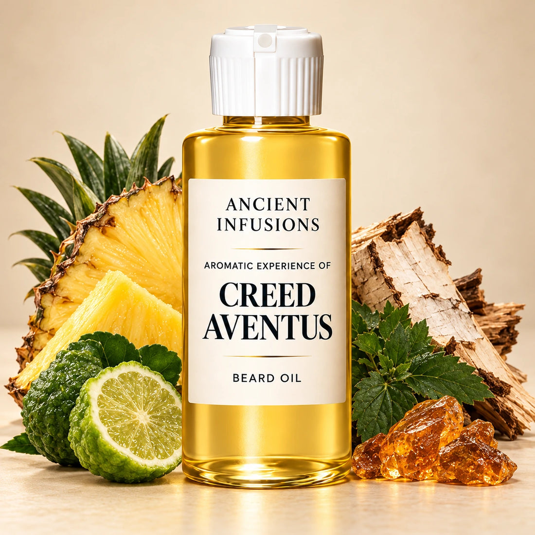 Ancient Infusions Creed Aventus aromatic experience beard oil bottle with a white cap and cream label