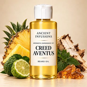 Ancient Infusions Creed Aventus aromatic experience beard oil bottle with a white cap and cream label