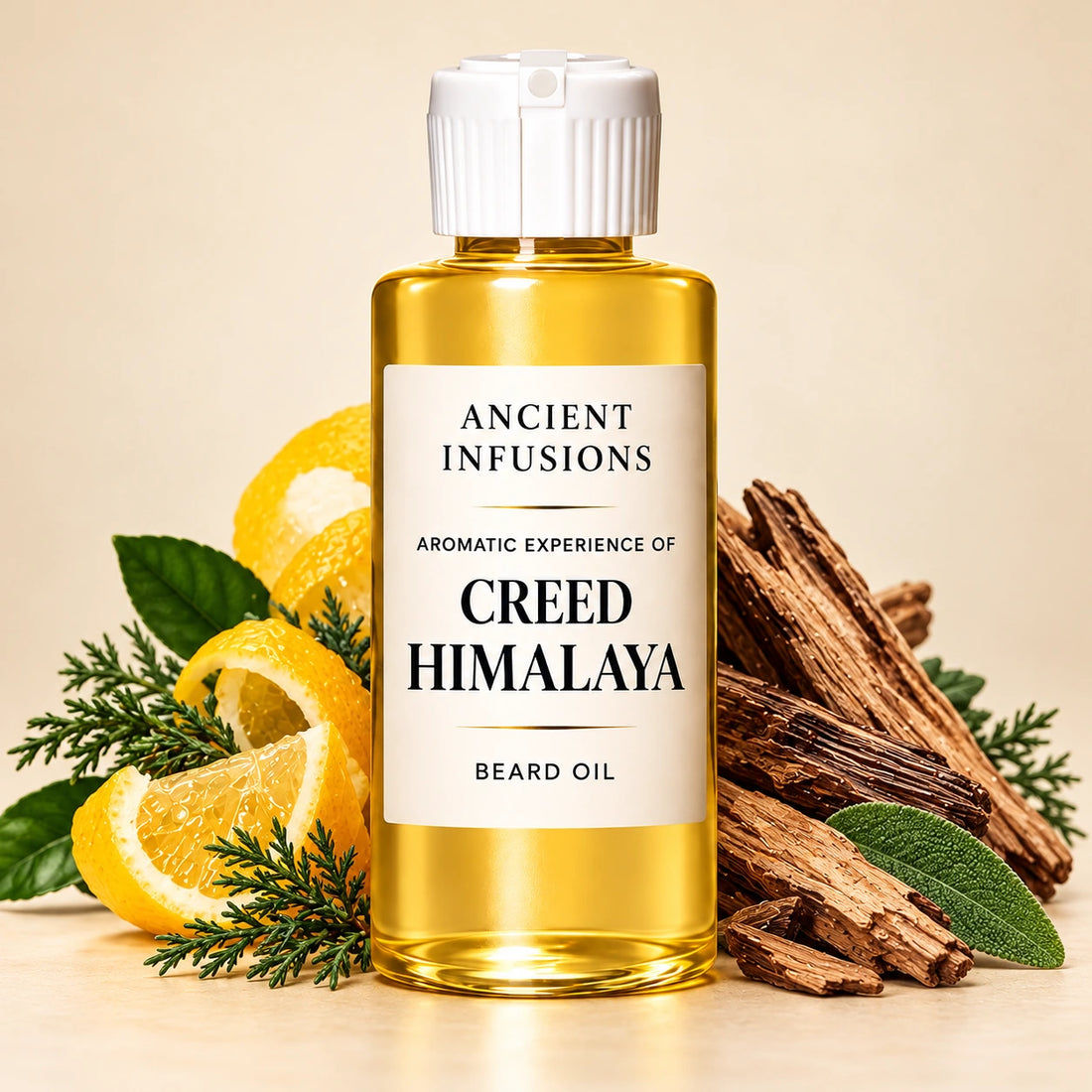 Ancient Infusions Creed Himalaya aromatic experience beard oil bottle with a white cap and cream label