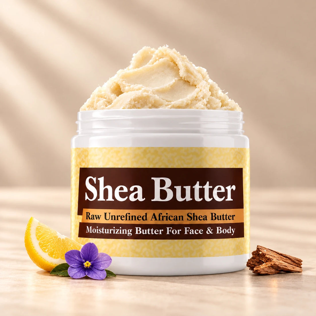 Diesel Only the Brave inspired shea butter in an open white jar with ivory butter and simple lemon, violet and cedar scent accents on a soft cream background.